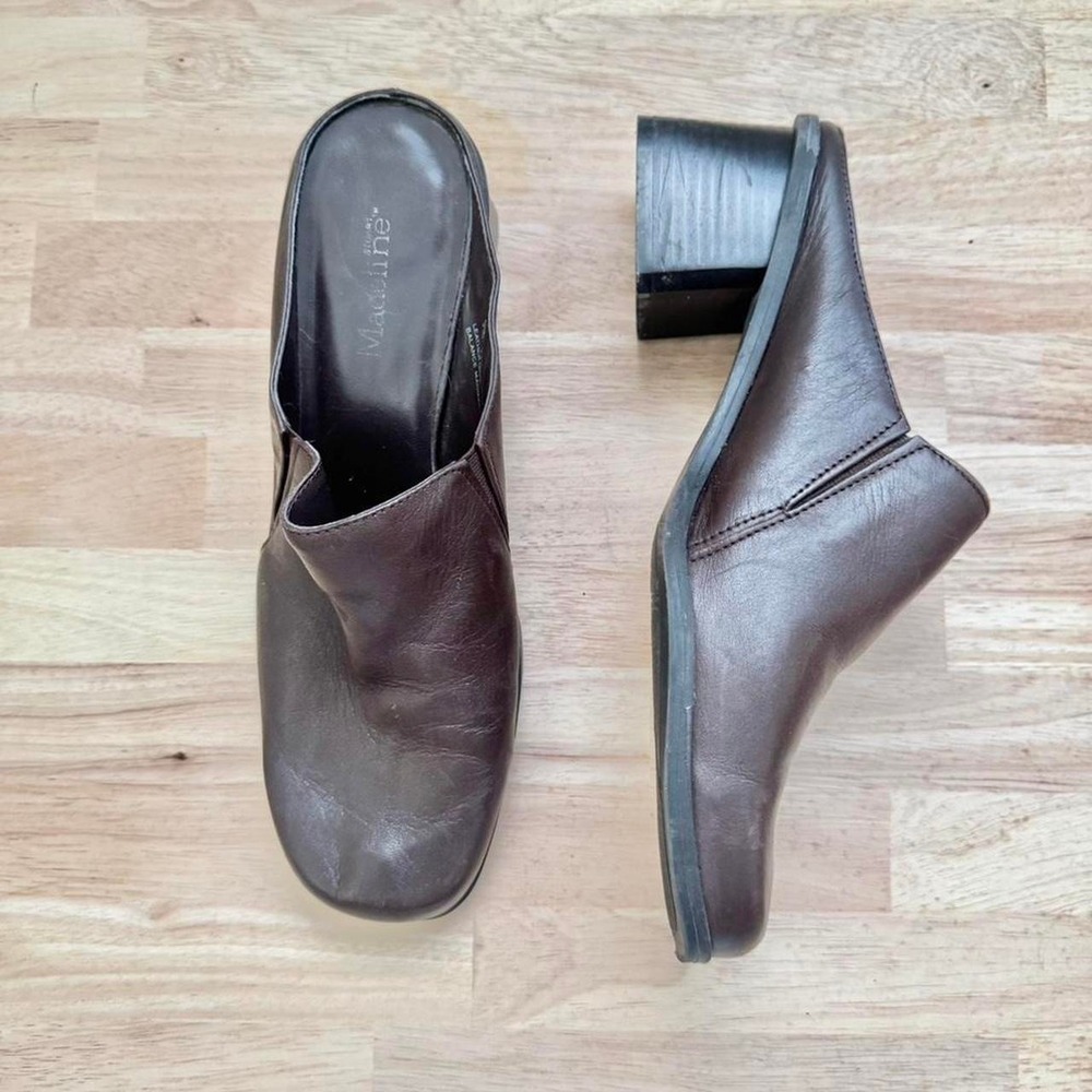 Vintage 90s brown leather mule size 9 square toe slide slip on minimal block - Picture 2 of 7